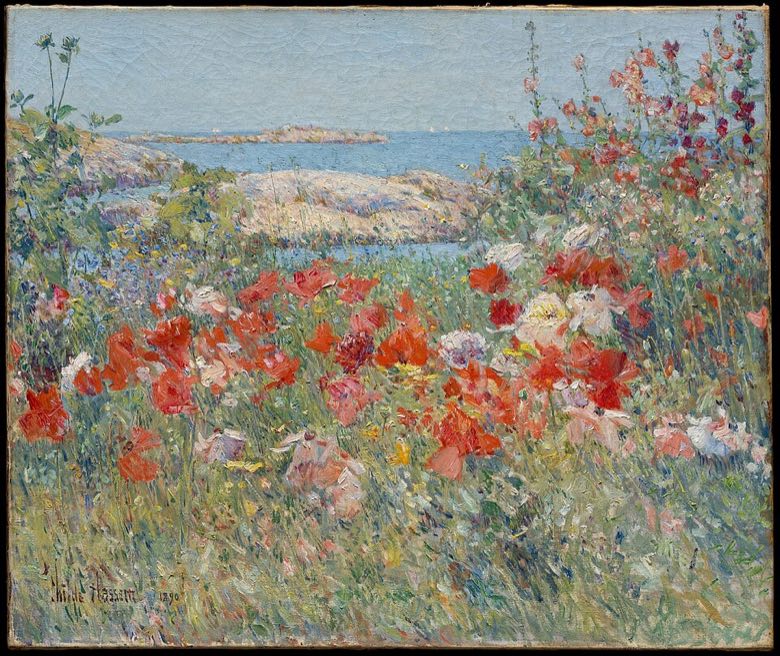 Pintura impresionista de un jardín de flores junto al mar